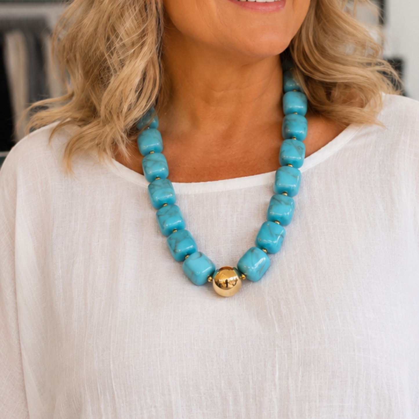 Turquoise Resin Bead Necklace with Stainless Steel Gold Accent