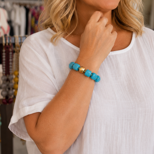 Turquoise Resin Elasticated Bracelet with Gold Stainless Steel Accent