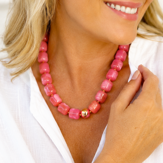 Coral Resin Cubed Necklace & Stainless Steel Ball