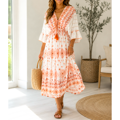 Sunset Boho Embroidered Midi Dress – Orange & Cream (One Size)