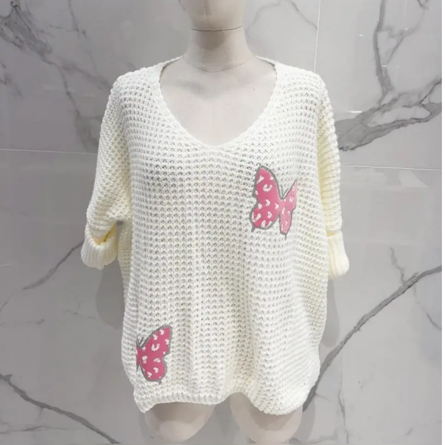 Sammy Cream Knit Jumper Pink Butterflies