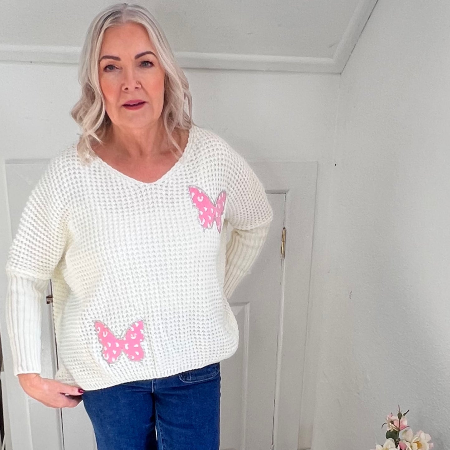 Sammy Cream Knit Jumper Pink Butterflies