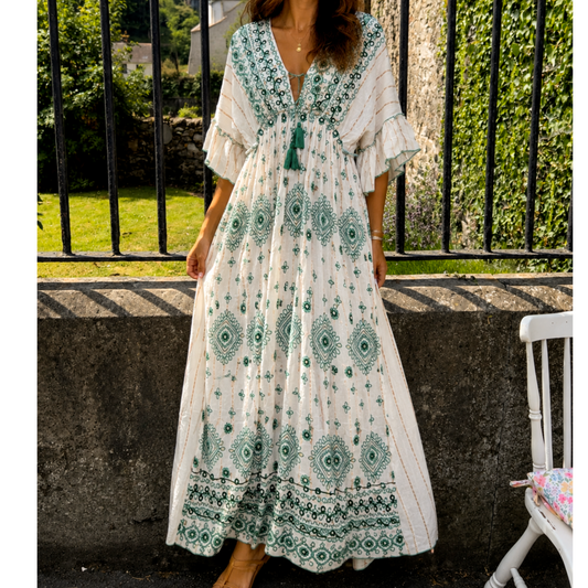 Boho Luxe Cream & Green Embellished Maxi Dress with Metallic Threading (Fits 8-14)