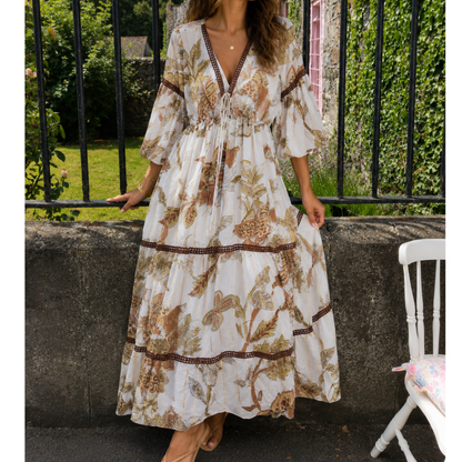 Boho Botanical Tassel Maxi Dress – Cream Brown & Gold (Fits 8-12)