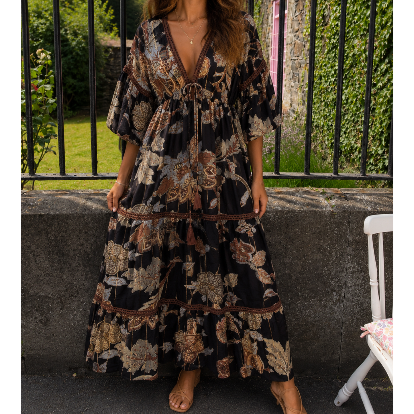 Boho Botanical Maxi Dress – Black & Golds (Fits 8-14)