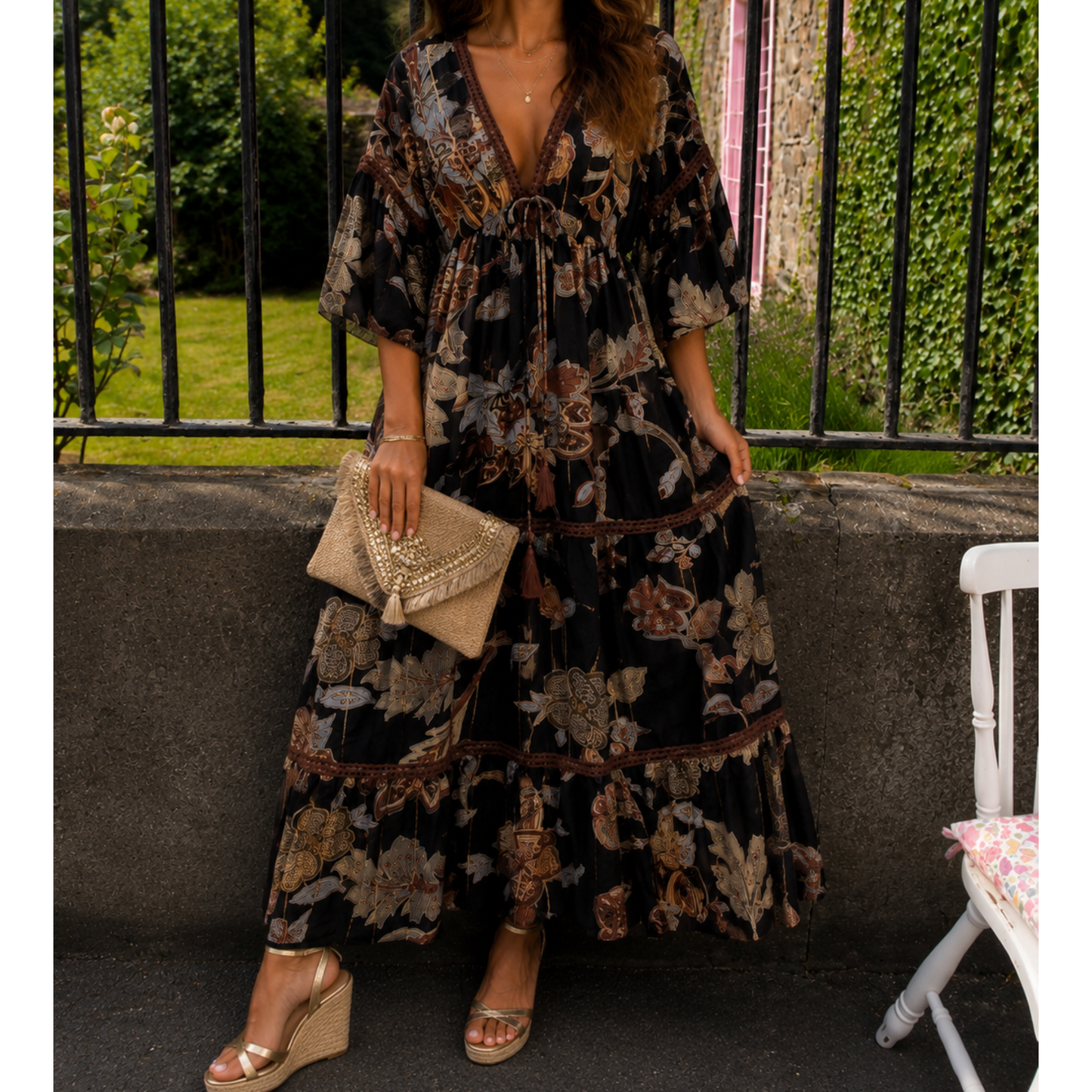 Boho Botanical Maxi Dress – Black & Golds (Fits 8-14)