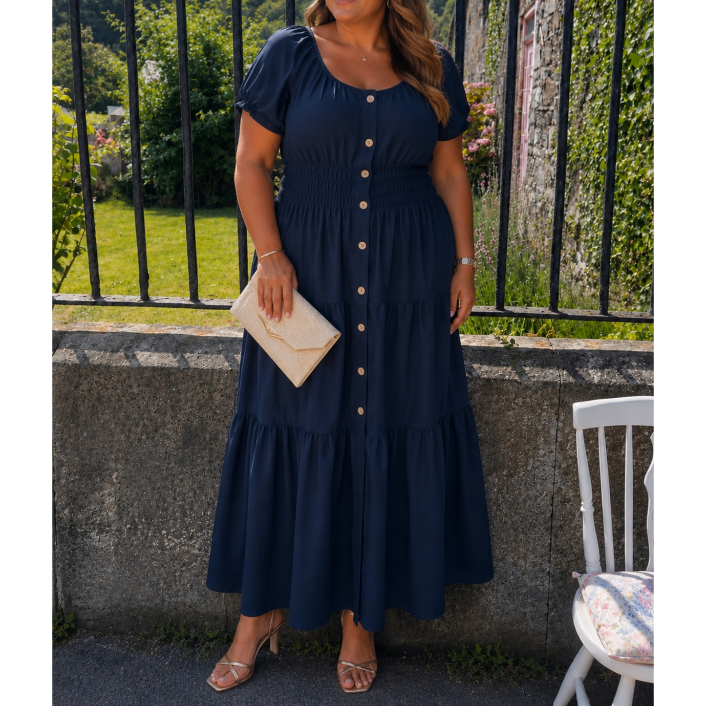 Navy Shirred Waist Button Front Maxi Dress