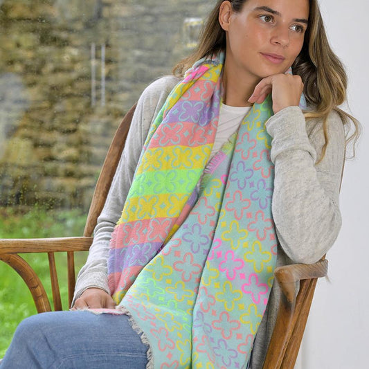 Reversible Neon Geo Flower Striped Scarf With Fringe