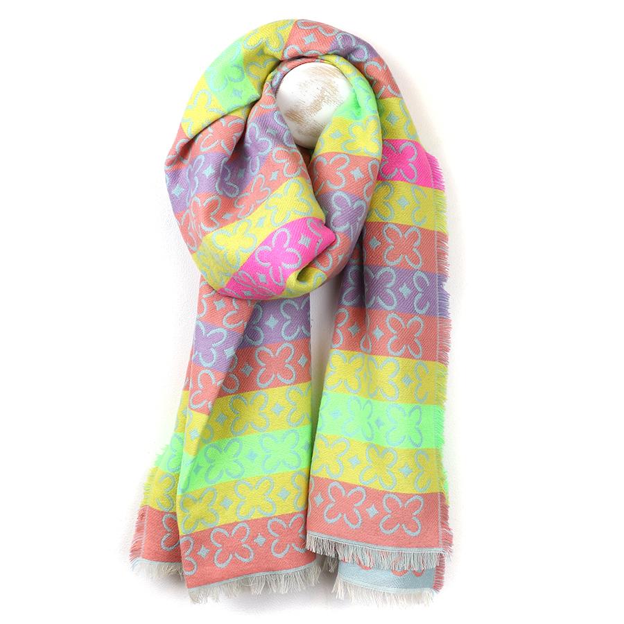 Reversible Neon Geo Flower Striped Scarf With Fringe