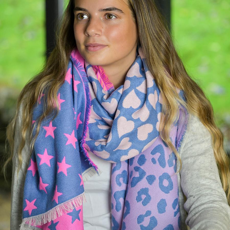 Reversible blue and pink star, heart and leopard scarf