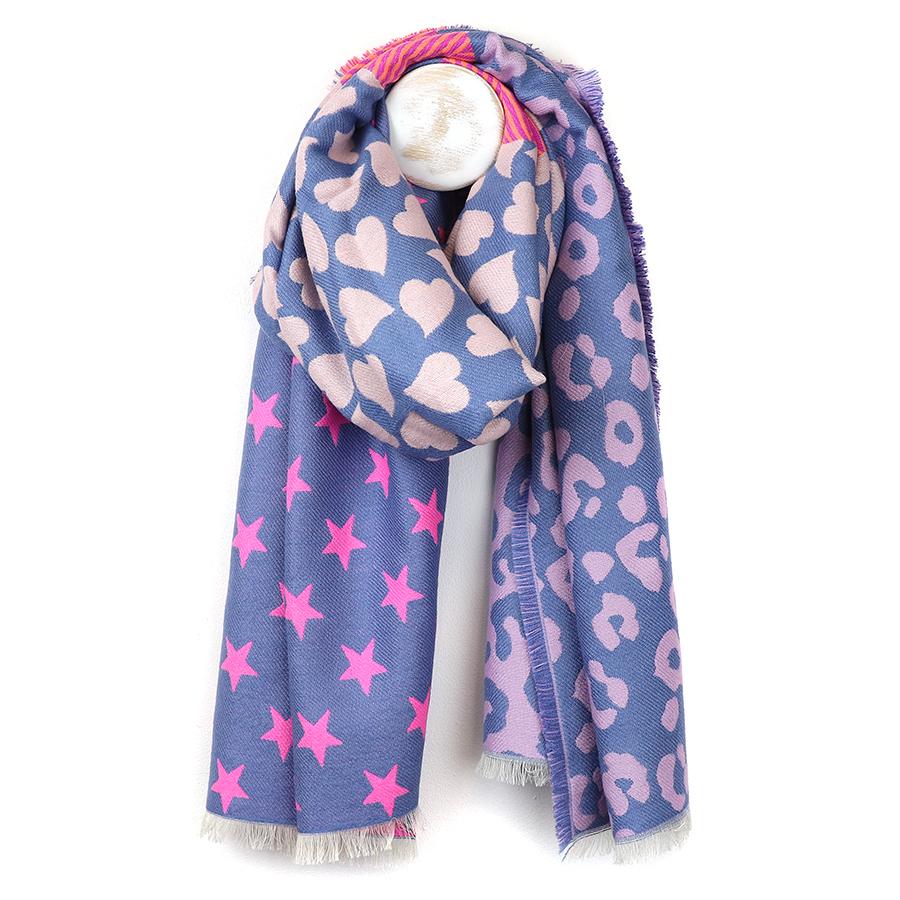 Reversible blue and pink star, heart and leopard scarf