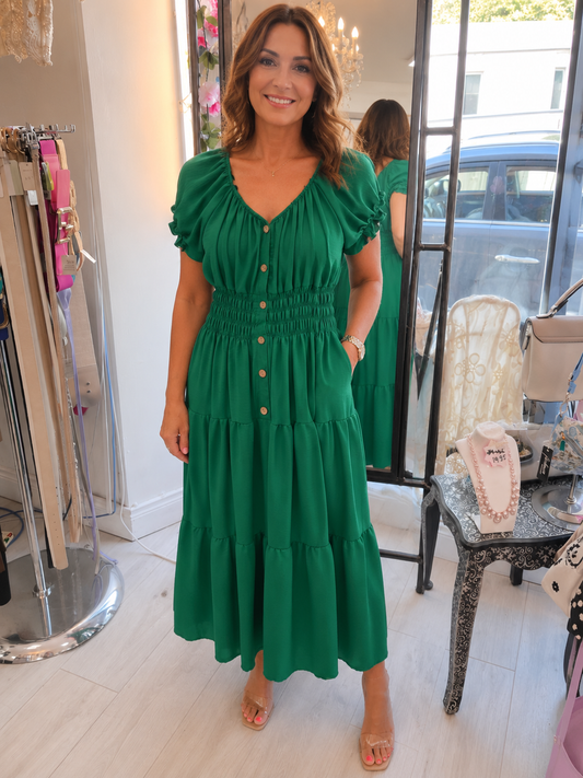 Emerald Belle Shirred Midi Dress (One Size)