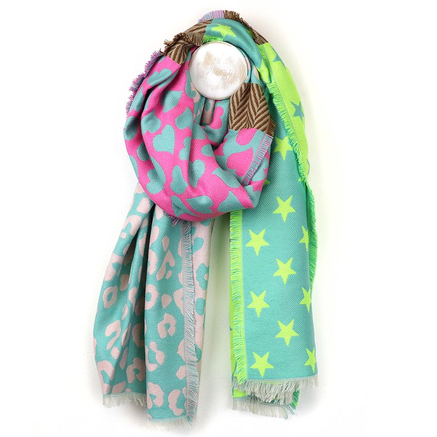 Reversible Green Mix Star, heart and leopard scarf with fringe