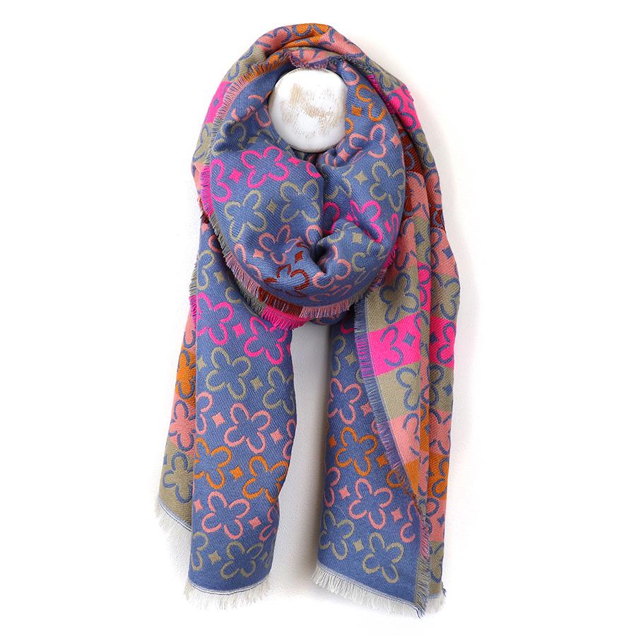 Reversible Blue Mix geo-flower stripes scarf with fringe