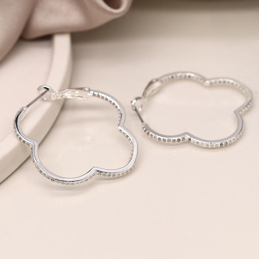 POM Silver Plated Large Crystal Quatrefoil Hoops