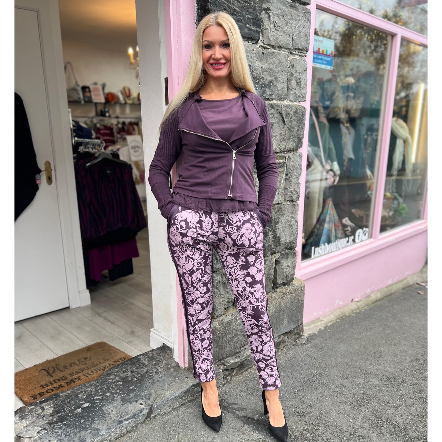 DECK Purple Floral Elasticated Jogger Bottoms