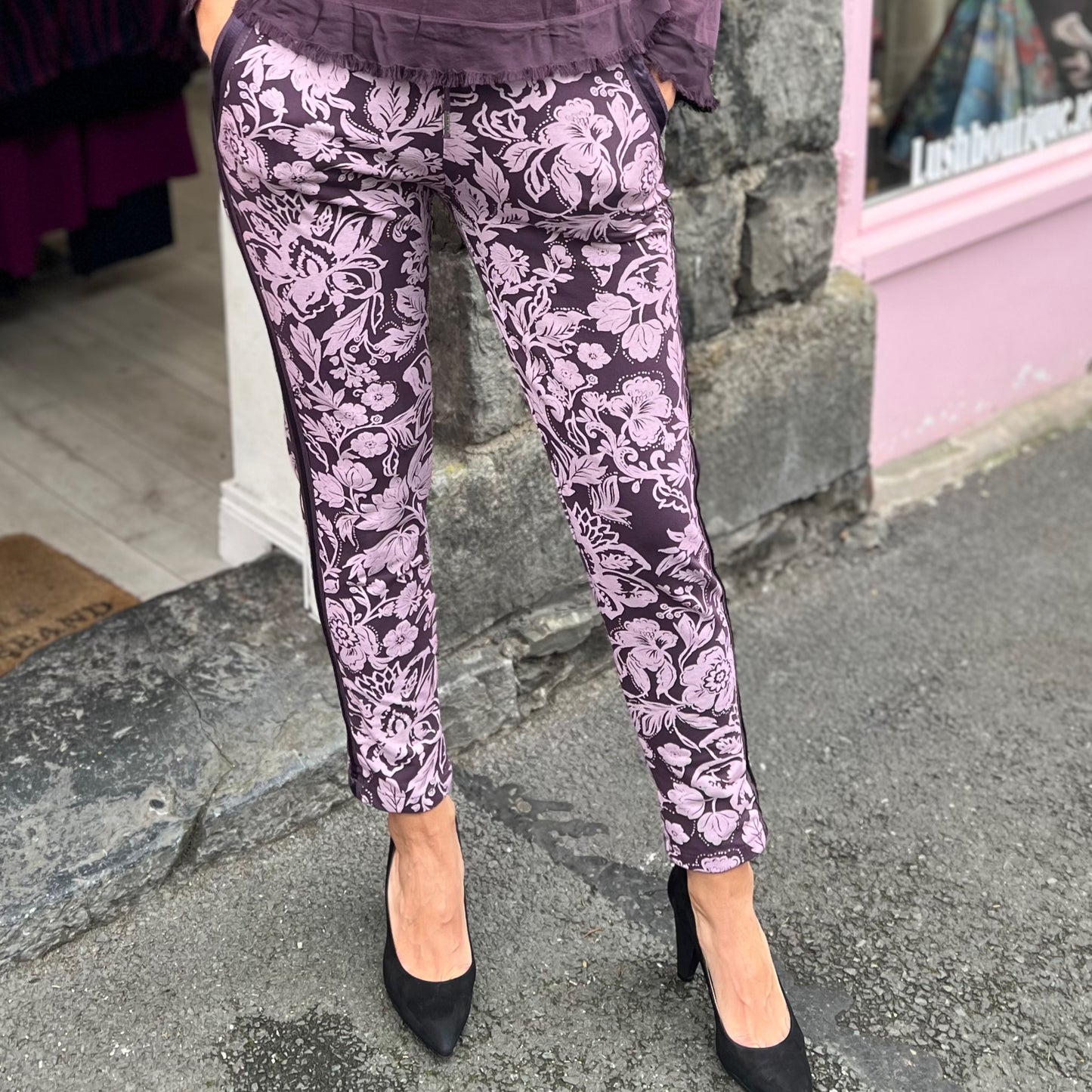 DECK Purple Floral Elasticated Jogger Bottoms