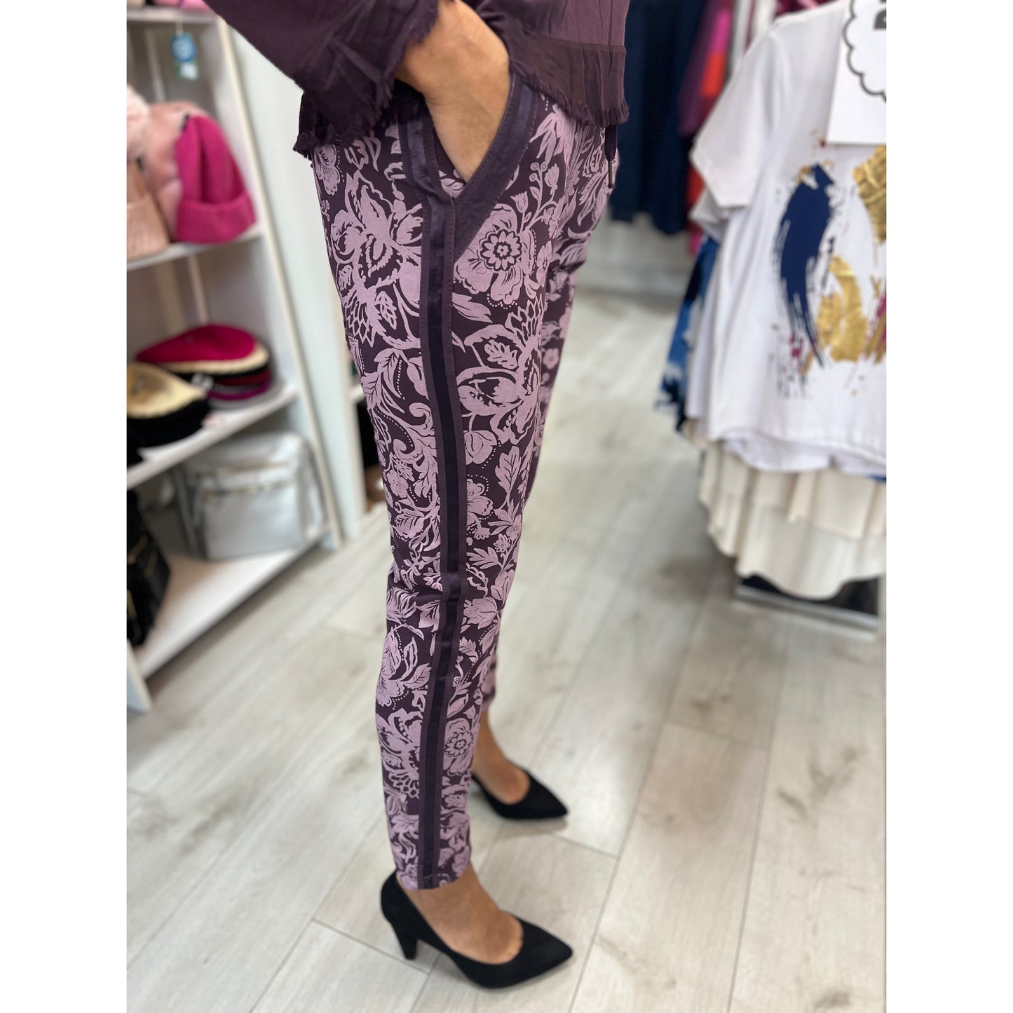 DECK Purple Floral Elasticated Jogger Bottoms