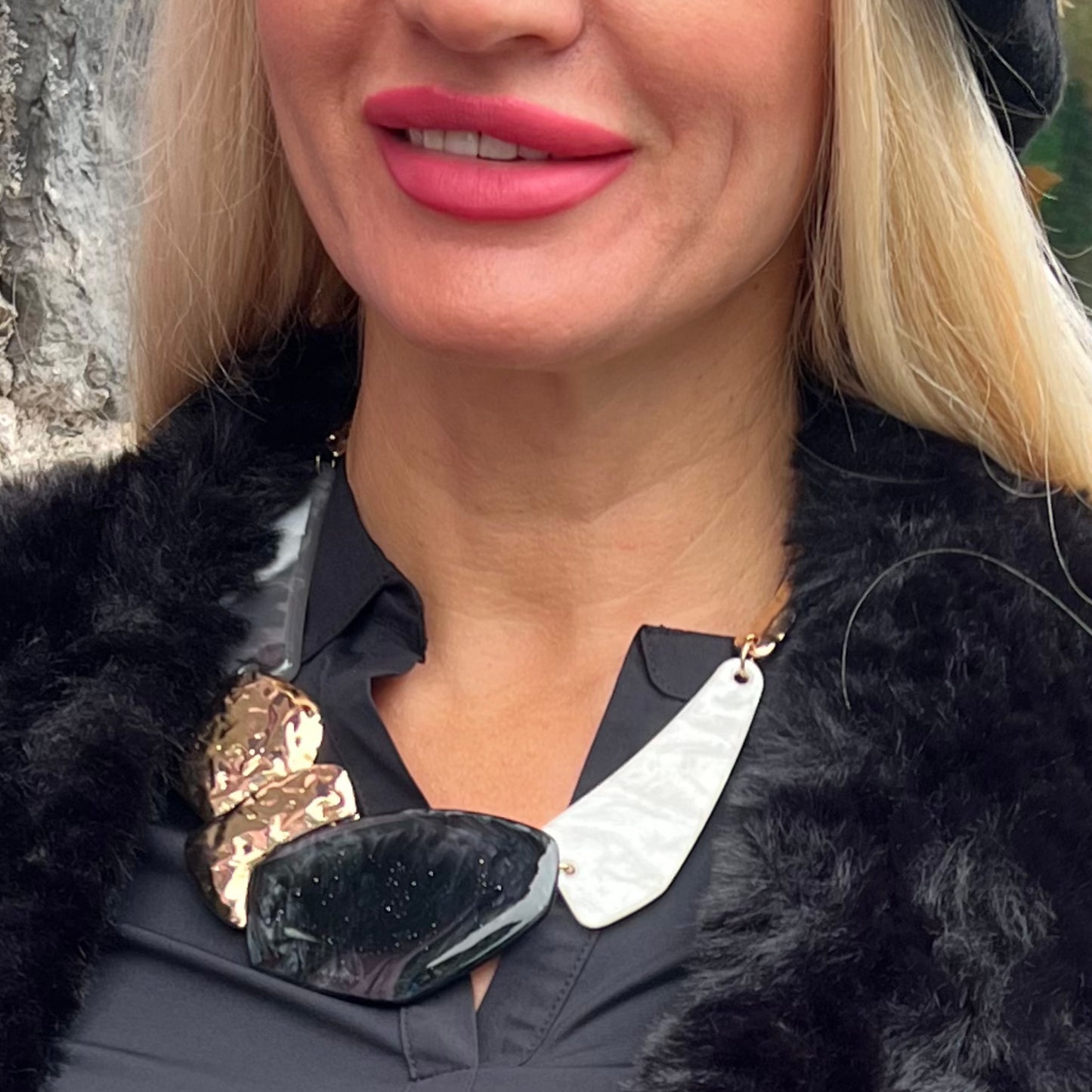 Statement Flat Necklace Black Grey Gold