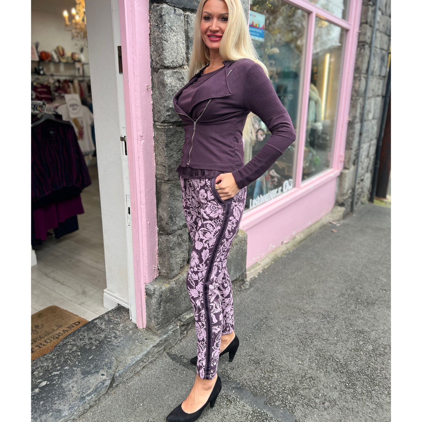 DECK Purple Floral Elasticated Jogger Bottoms