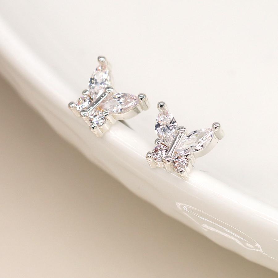 POM Silver Plated Crystal Butterfly Earrings