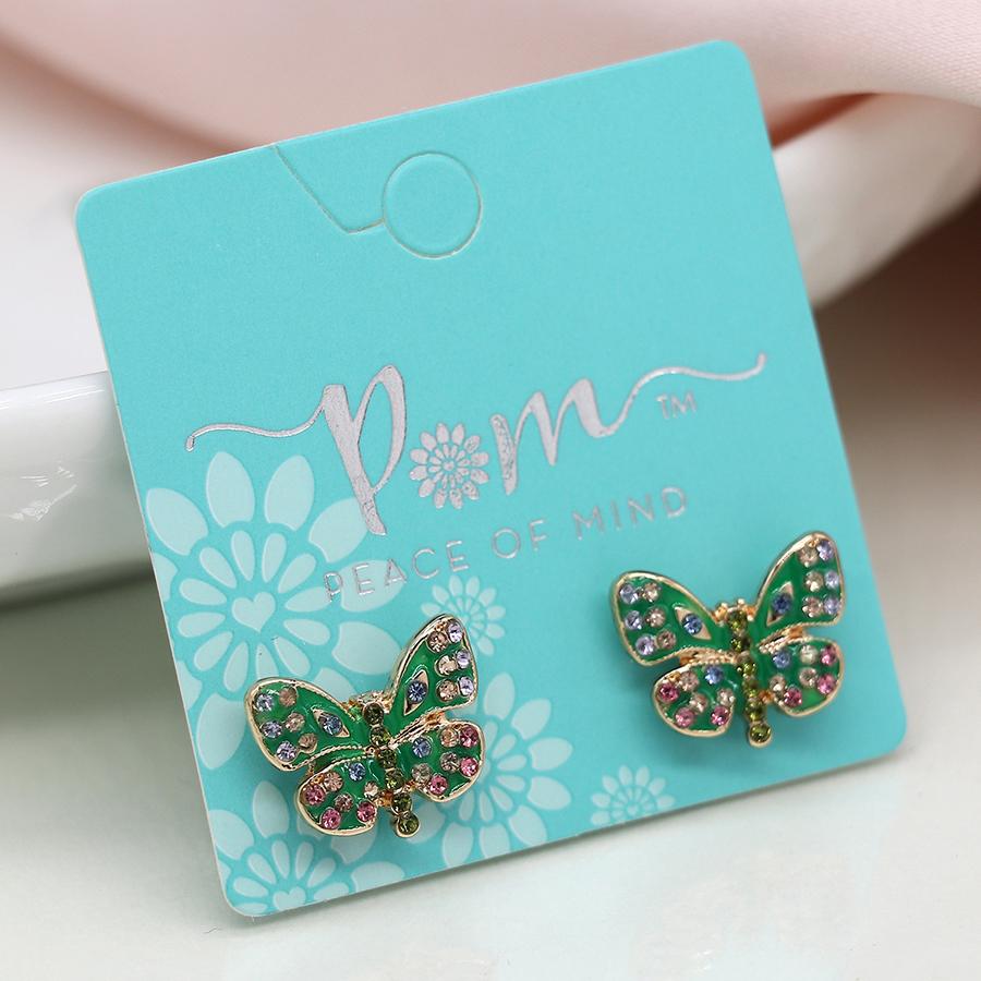 POM Faux gold plated green enamel and crystal butterfly earrings