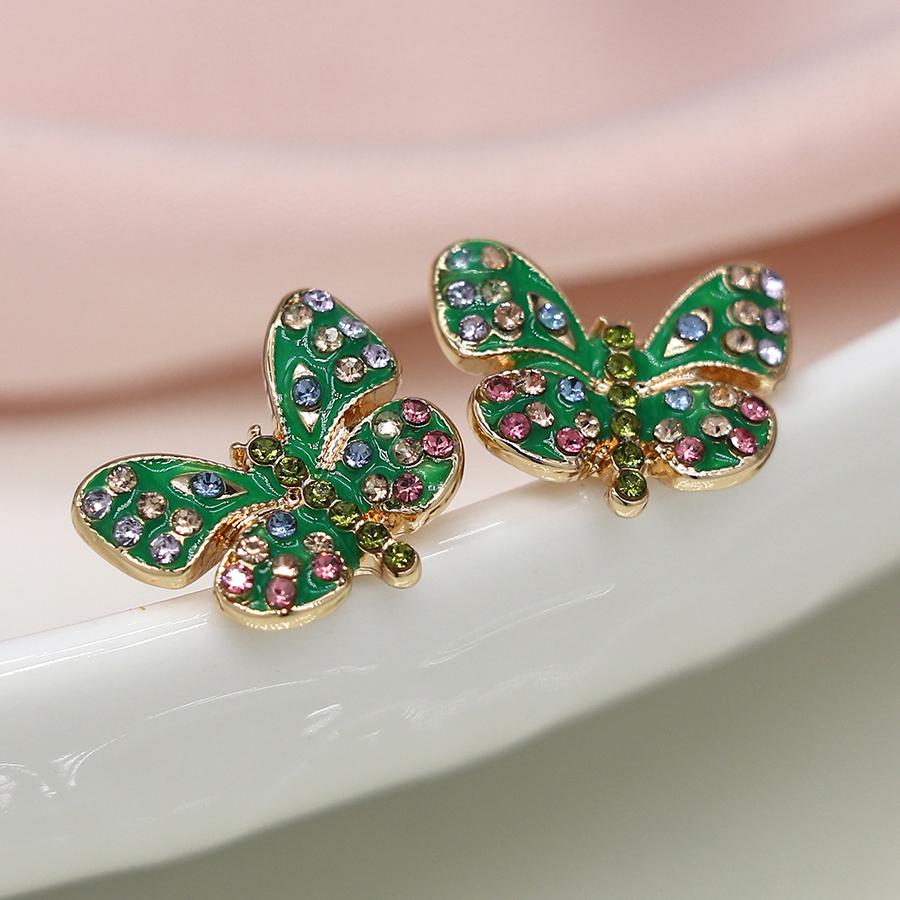 POM Faux gold plated green enamel and crystal butterfly earrings