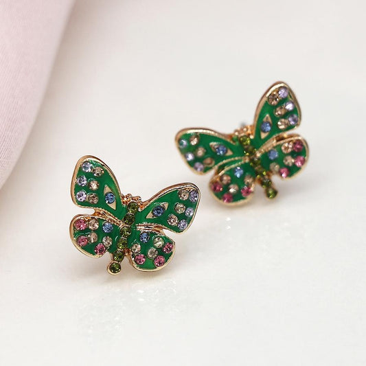 POM Faux gold plated green enamel and crystal butterfly earrings