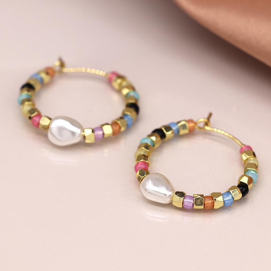 POM Multicoloured Glass Bead Gold & Pearl Hoop Earrings