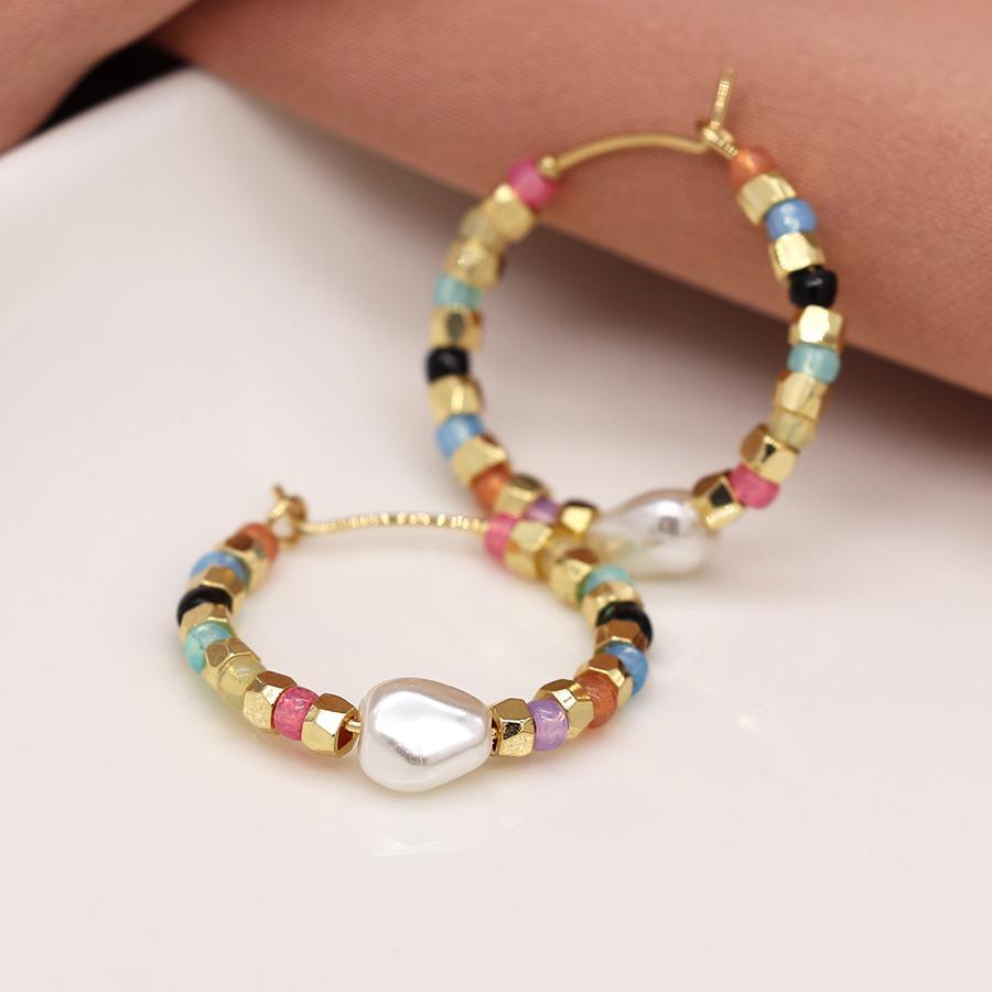 POM Multicoloured Glass Bead Gold & Pearl Hoop Earrings