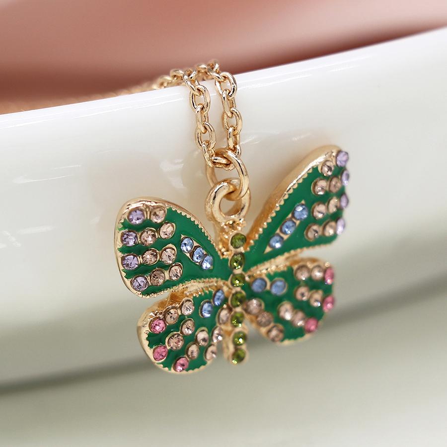 POM Faux gold plated green enamel and crystal butterfly necklace