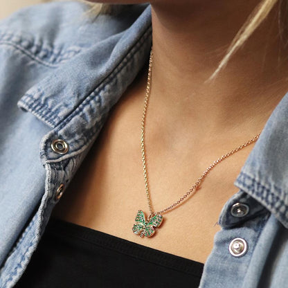 POM Faux gold plated green enamel and crystal butterfly necklace