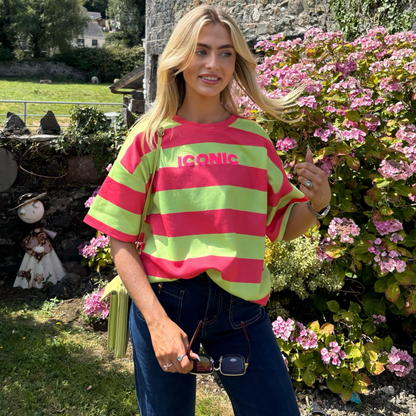 Neon Iconic Stripe Tee – Coral & Lime Statement Top