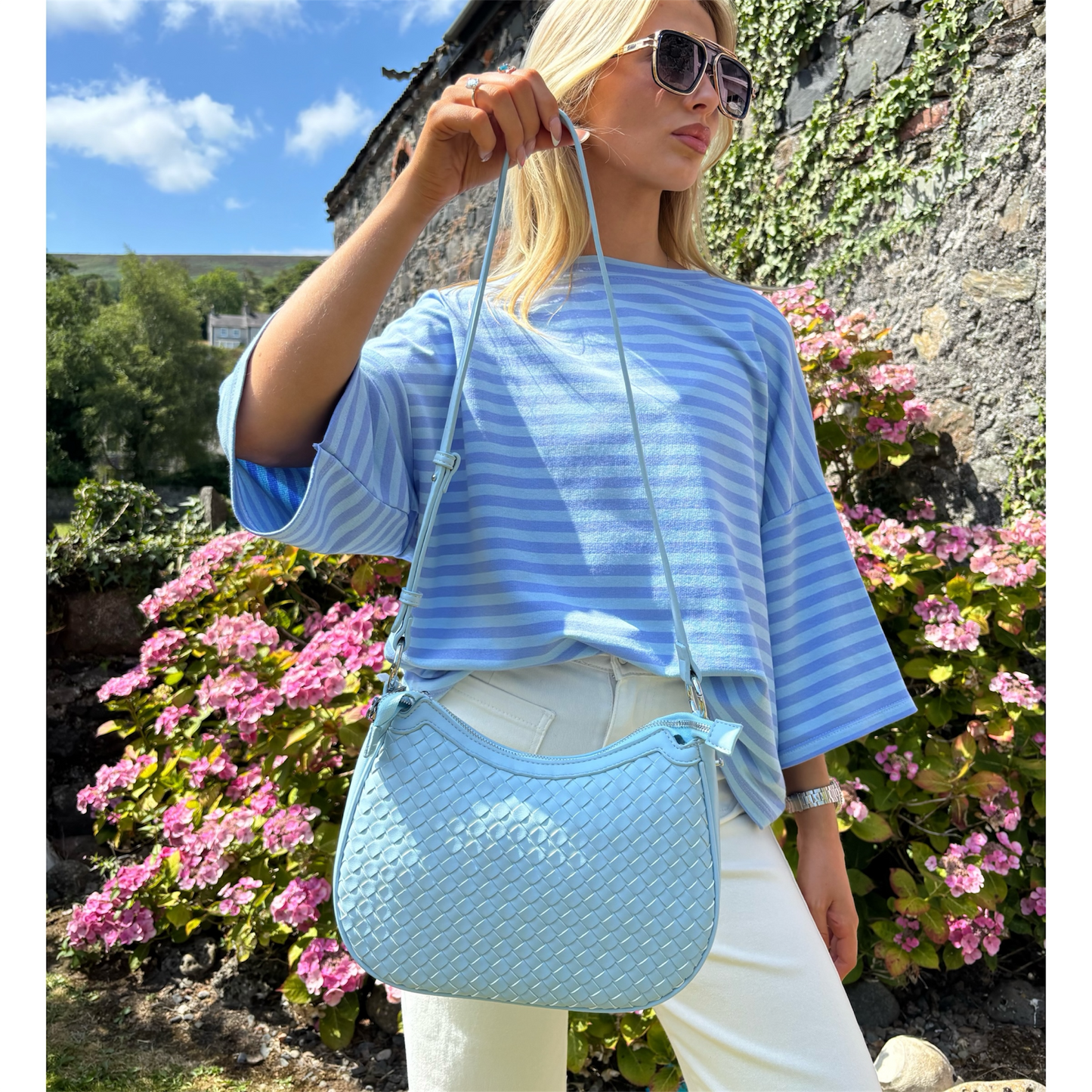 Powder Blue Woven Leatherette Shoulder Bag