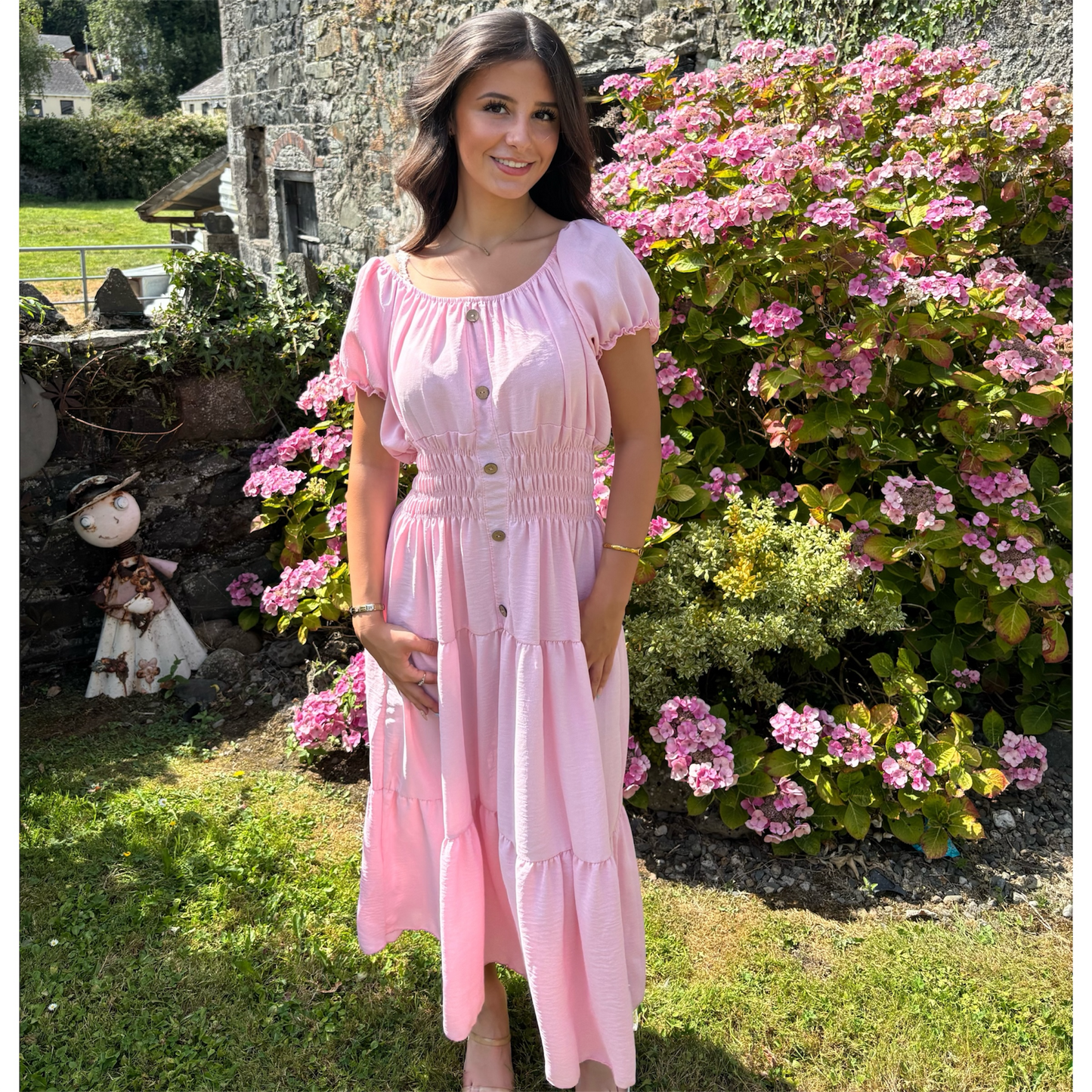 Powder Pink Shirred Waist Maxi Dress