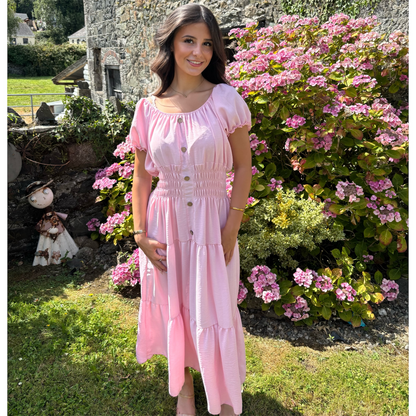 Powder Pink Shirred Waist Maxi Dress