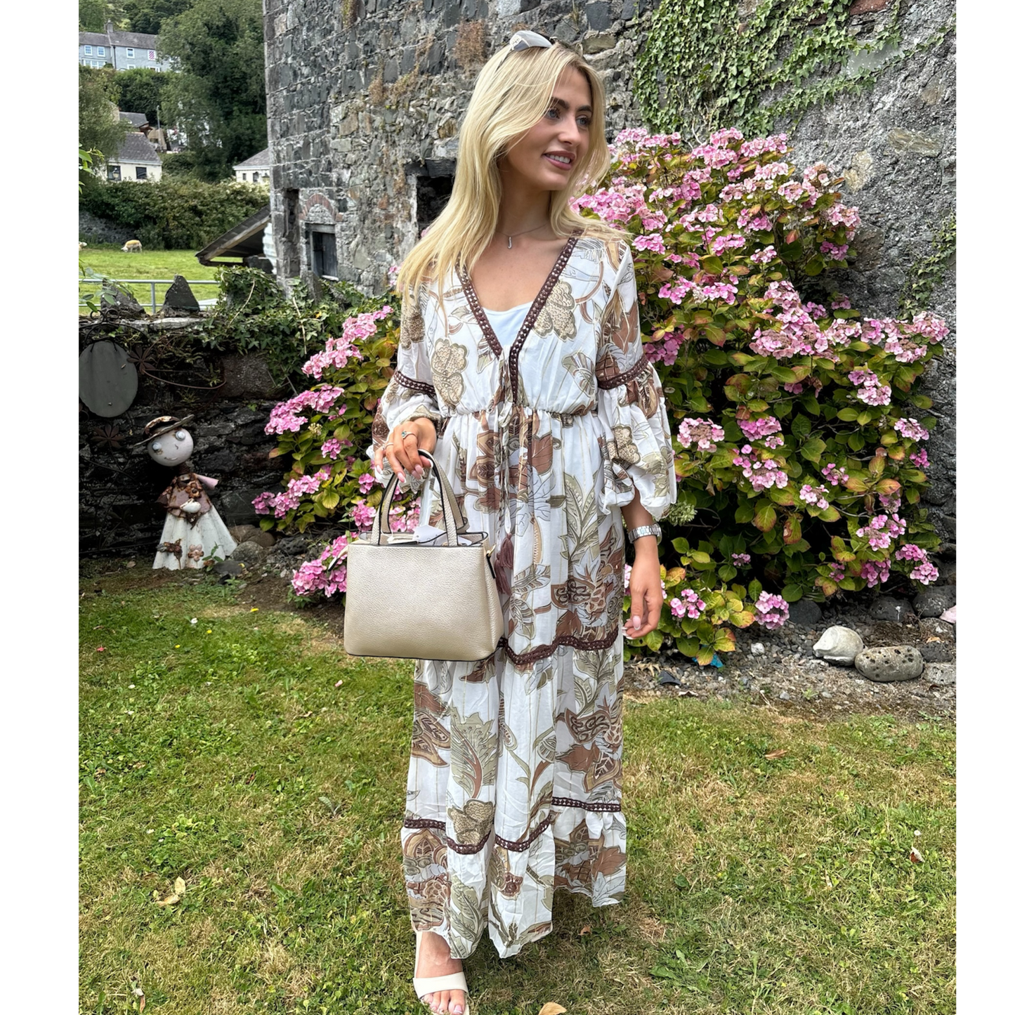 Boho Botanical Tassel Maxi Dress – Cream Brown & Gold (Fits 8-12)