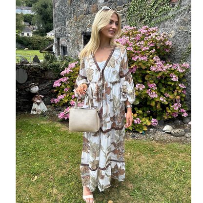 Boho Botanical Tassel Maxi Dress – Cream Brown & Gold (Fits 8-12)