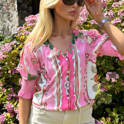 Crystal Detail Pink Print Button Front Blouse