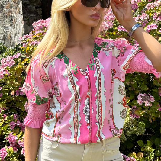 Crystal Detail Pink Print Button Front Blouse