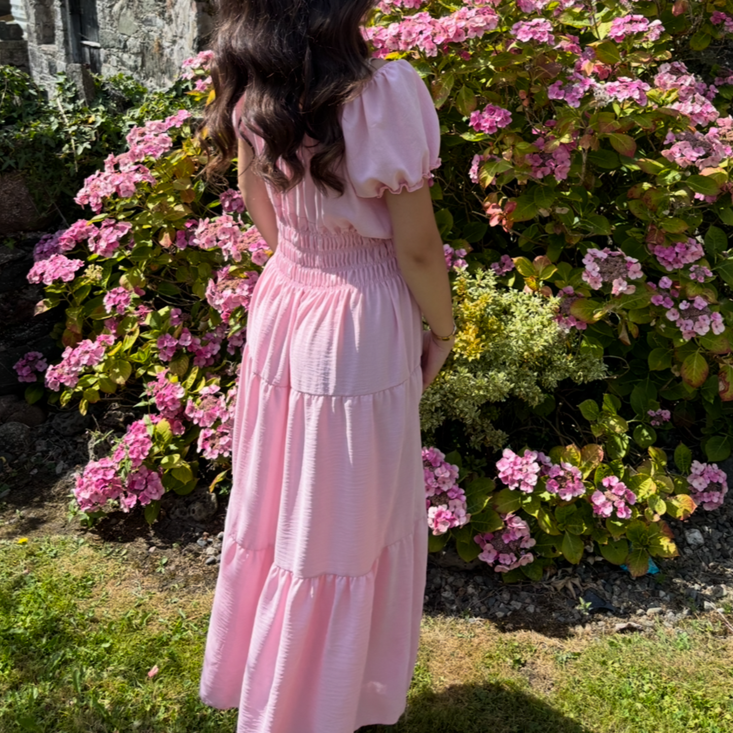 Powder Pink Shirred Waist Maxi Dress