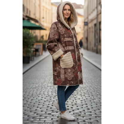 Oversized Hooded Printed Coat Chocolate