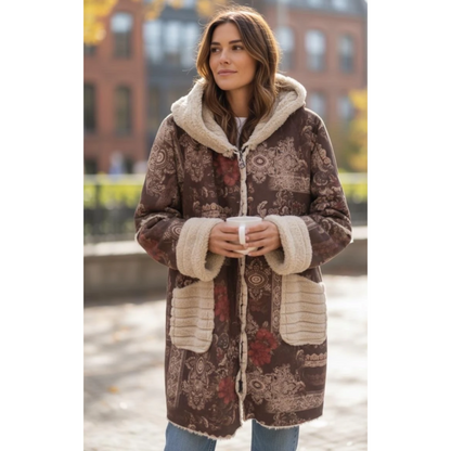 Oversized Hooded Printed Coat Chocolate