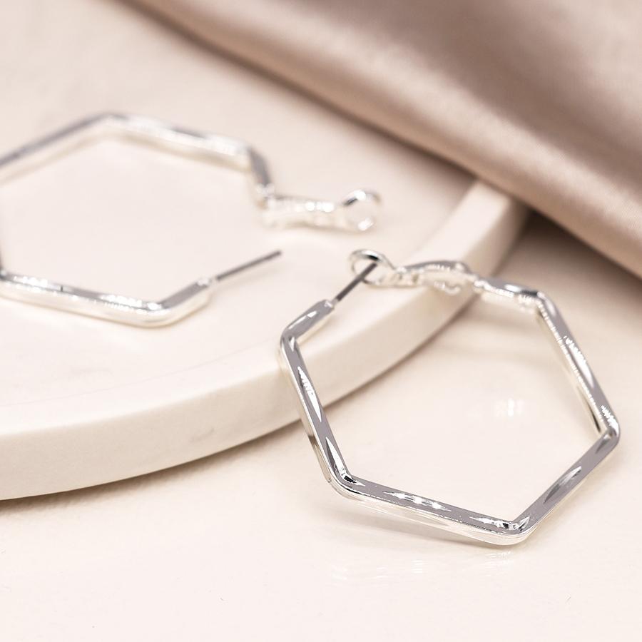 POM Silver Plated Hexagon Hoop Earrings