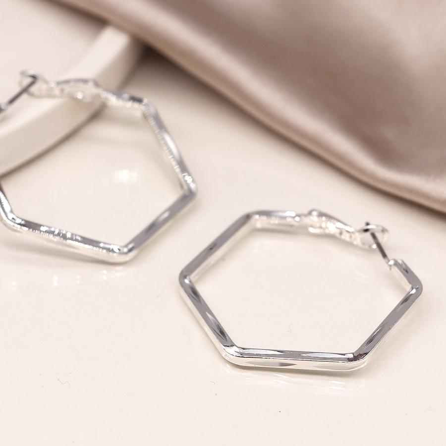 POM Silver Plated Hexagon Hoop Earrings