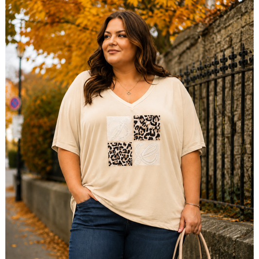 Beige V-Neck Top Leopard & Pearl Design