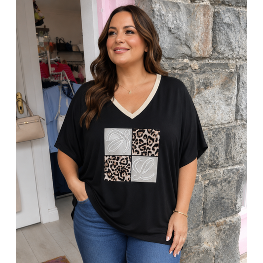Black Leopard Print & Embellished V-Neck Top