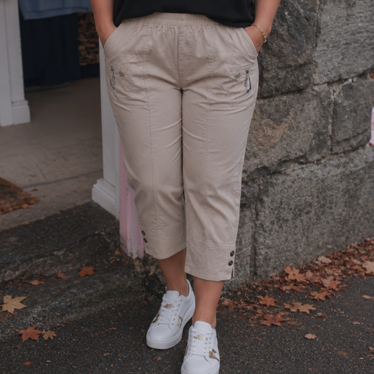Taupe Elasticated Waist Capri Trousers
