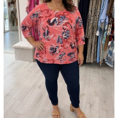 Coral & Navy Floral Cotton Top (One Size)