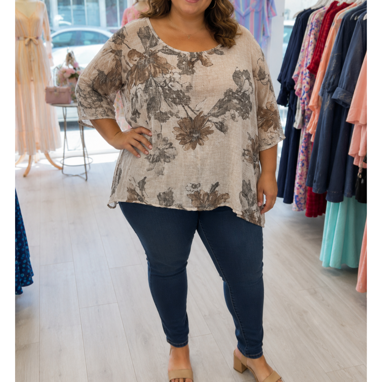Beige & Taupe Floral Cotton Top (One Size)